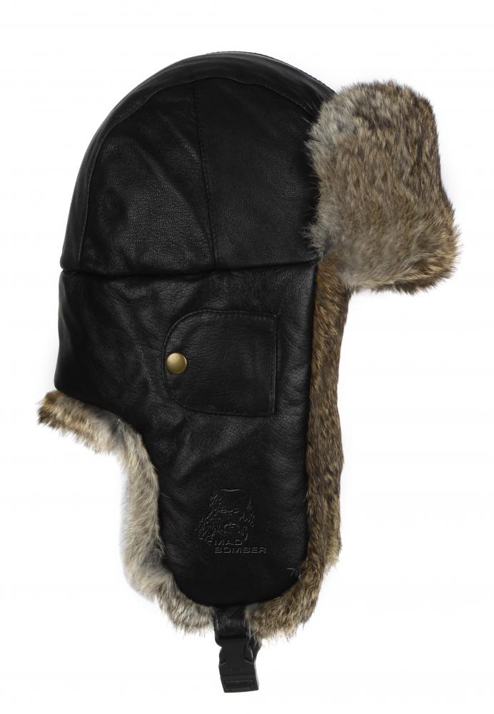 Чорний шкіряний бомбер із коричневим хутром кролика (Mad Bomber®) (305LBLK)