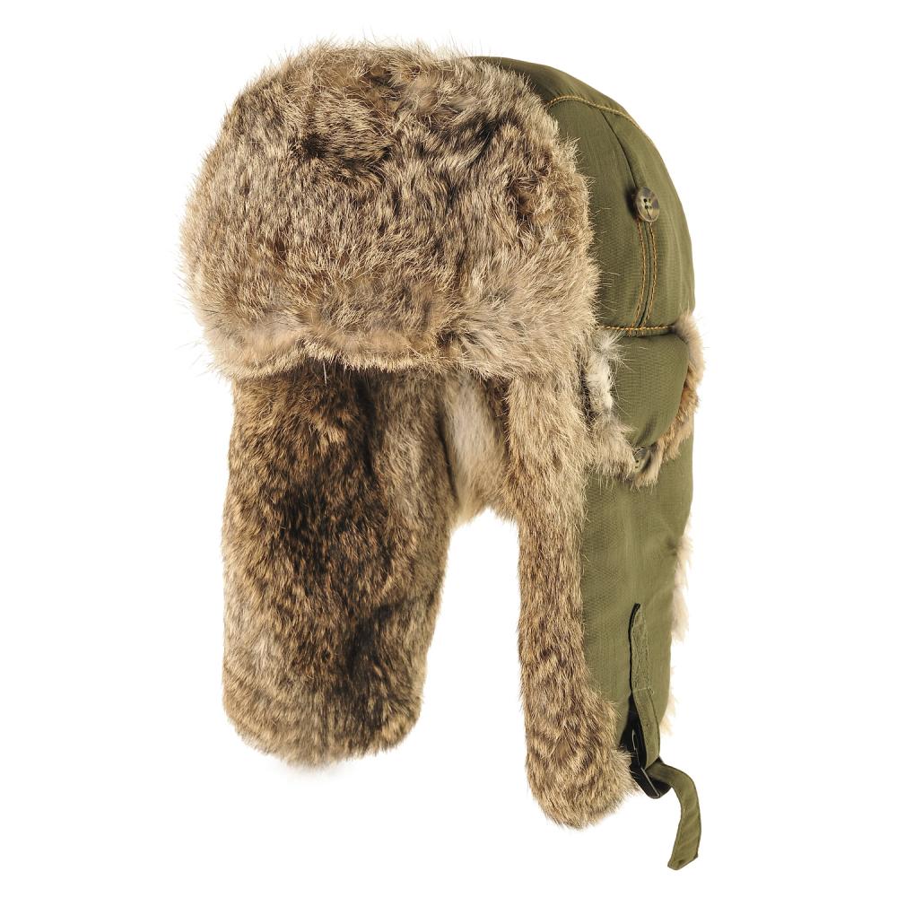 Шапка-вушанка оливкова з натуральним хутром кролика (Mad Bomber®) (305OLV)