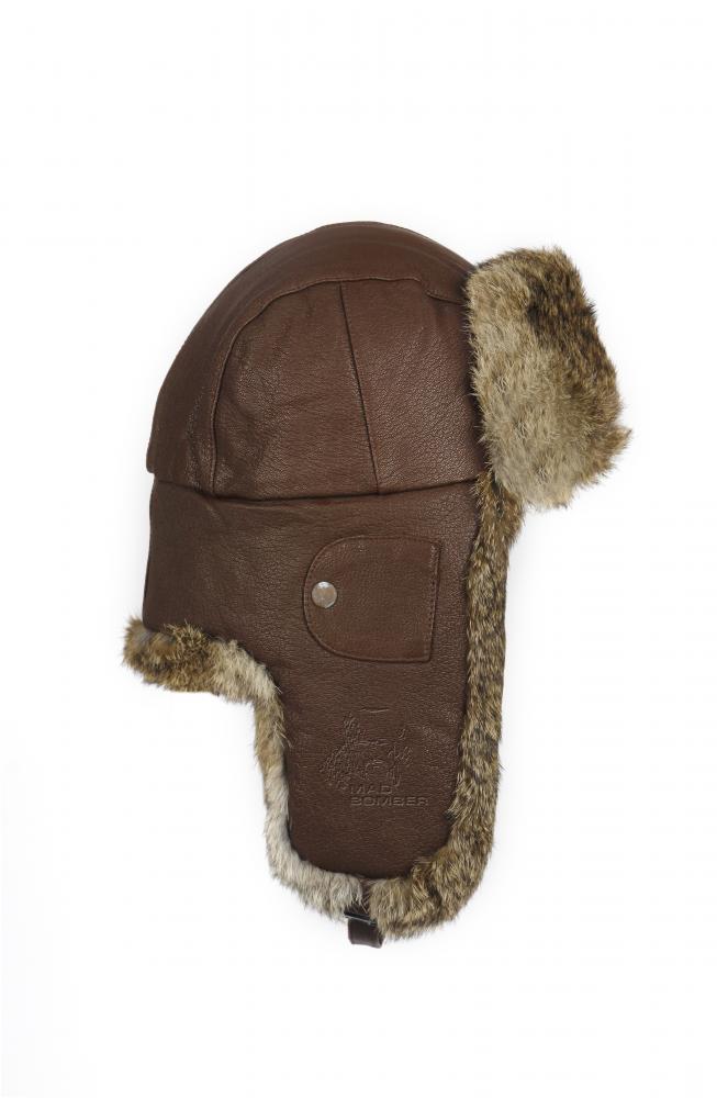 Шкіряна коричнева шапка-вушанка з натуральним хутром кролика (Mad Bomber®) (305LHICK)