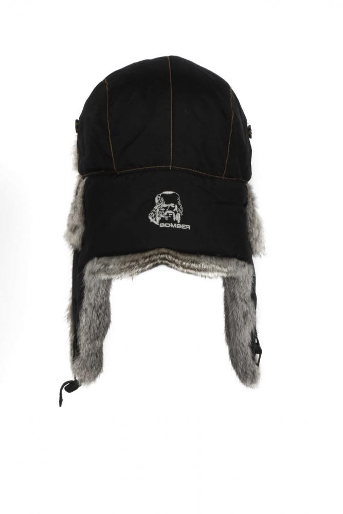 Шапка-вушанка Mad Bomber / чорний Supplex із сірим хутром кролика (304BLK)