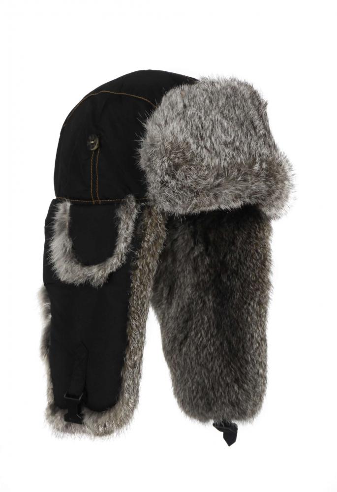 Шапка-вушанка Mad Bomber / чорний Supplex із сірим хутром кролика (304BLK)