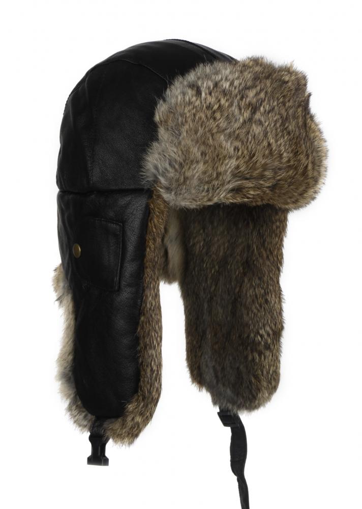 Чорний шкіряний бомбер із коричневим хутром кролика (Mad Bomber®) (305LBLK)