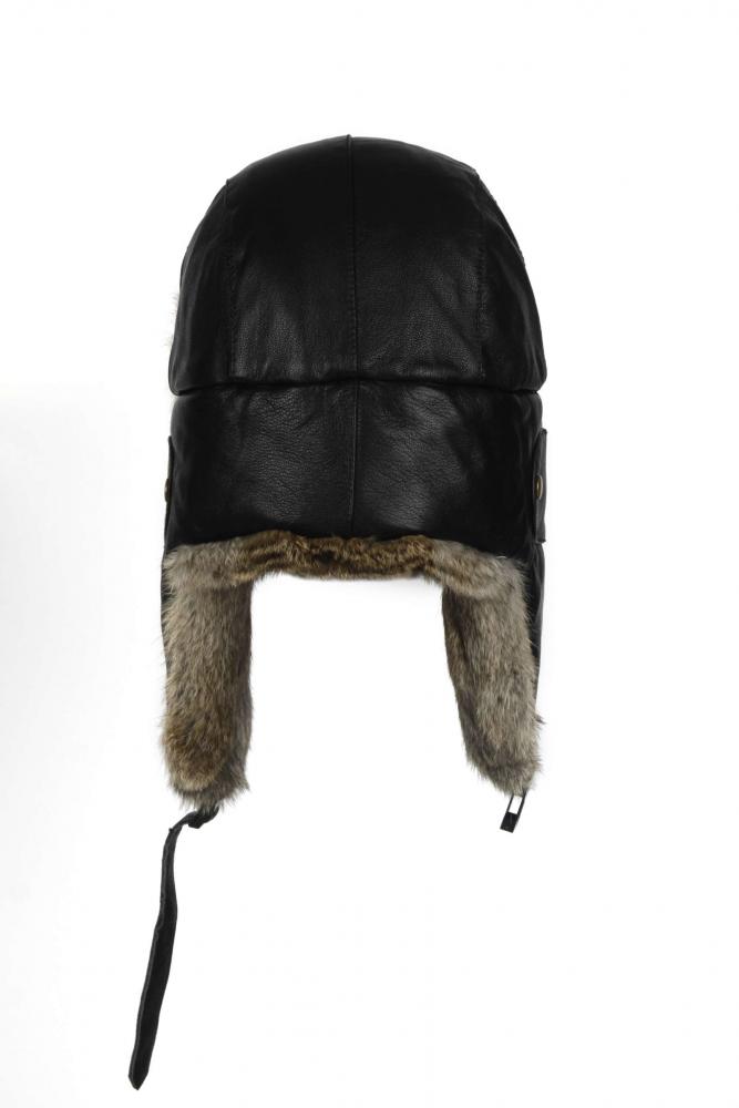 Чорний шкіряний бомбер із коричневим хутром кролика (Mad Bomber®) (305LBLK)