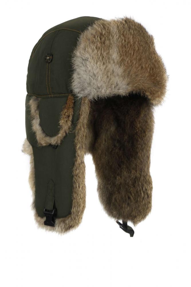 Шапка-вушанка оливкова з натуральним хутром кролика (Mad Bomber®) (305OLV)