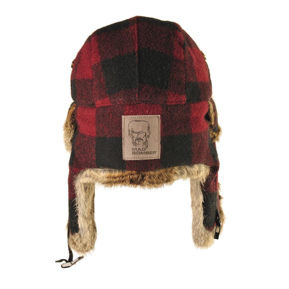 Шапка-вушанка червоно-чорна з натуральним хутром кролика (Mad Bomber®) (305WMP)