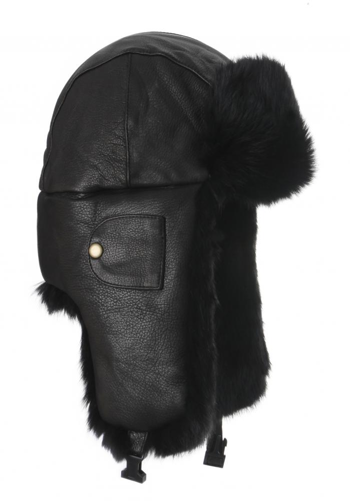 Чорний шкіряний бомбер із чорним хутром кролика (Mad Bomber®) (306LBLK)