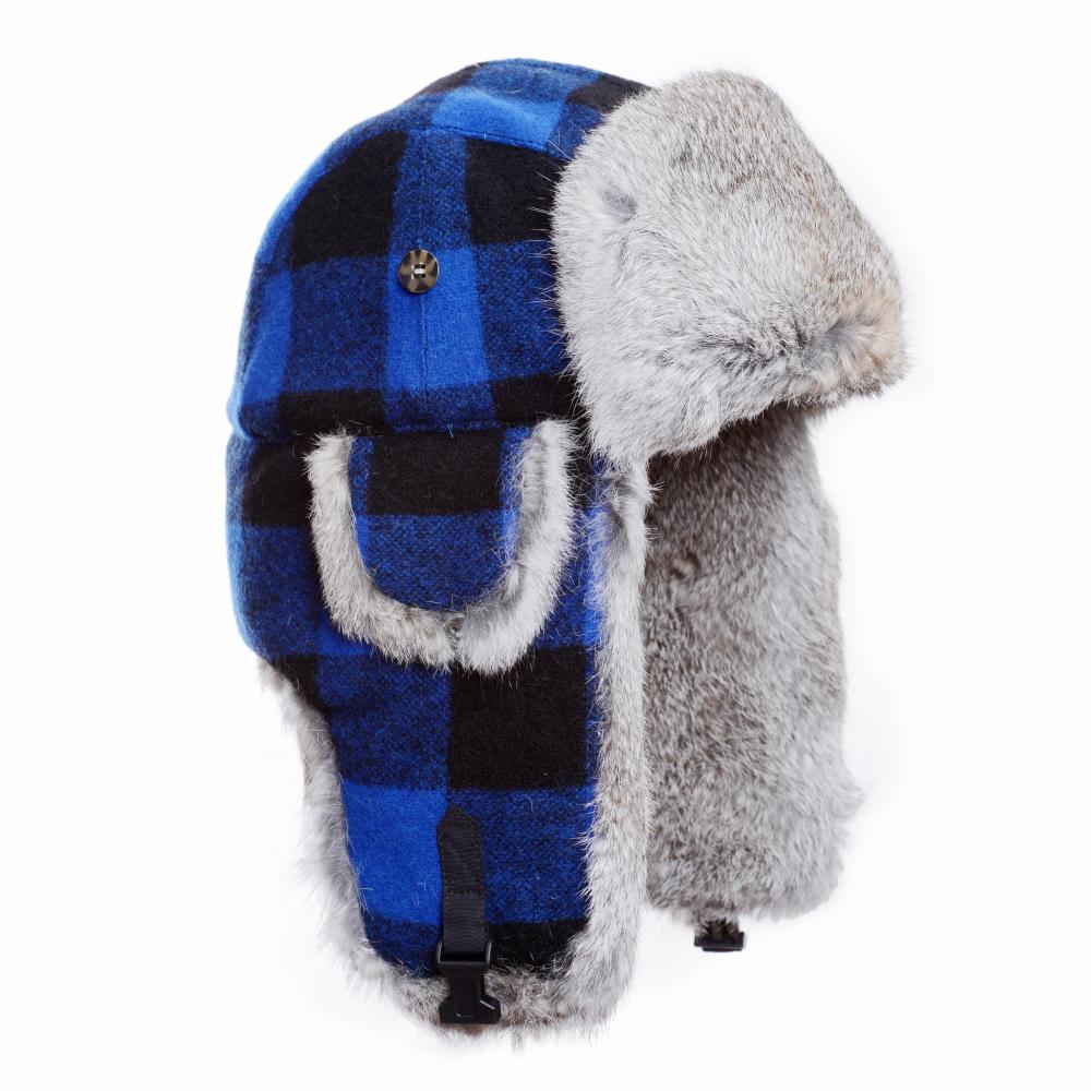 Дитяча вовняна шапка-вушанка Mad Bomber / синьо-чорна із сірим хутром кролика (Mad Bomber®) (307WBLU)