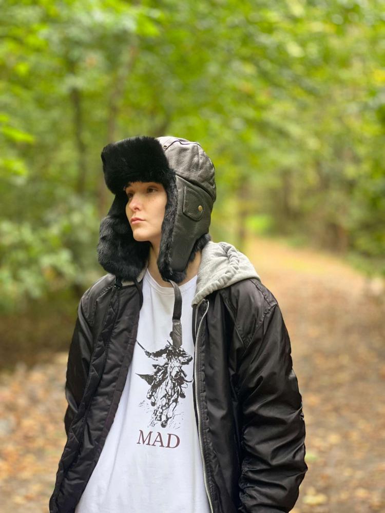 Чорний шкіряний бомбер із чорним хутром кролика (Mad Bomber®) (306LBLK)