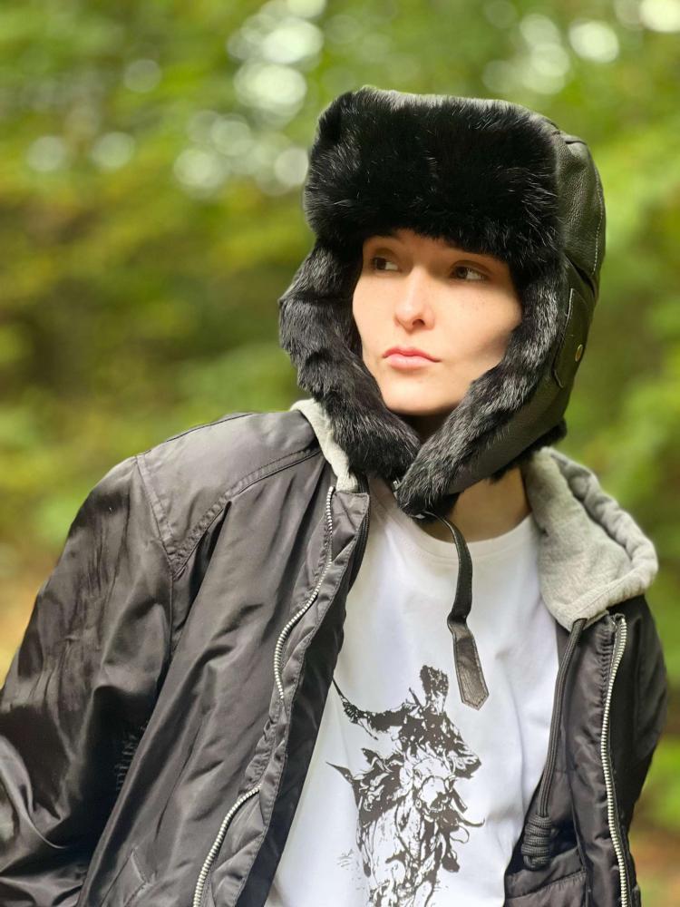 Чорний шкіряний бомбер із чорним хутром кролика (Mad Bomber®) (306LBLK)